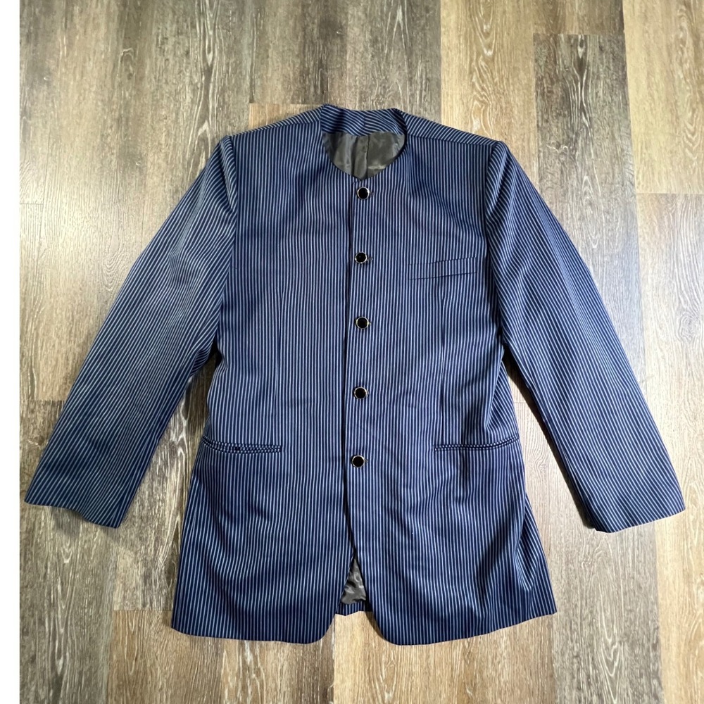 Paramount Nehru Jacket Mens XL Blue Pinstripe Custom Tailored Mandarin Collar